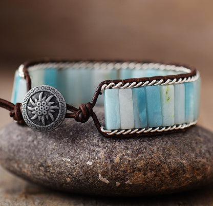 Amazonite Boho Leather Wrap Bracelet Handmade Natural Stone Bracelet - STAR8S