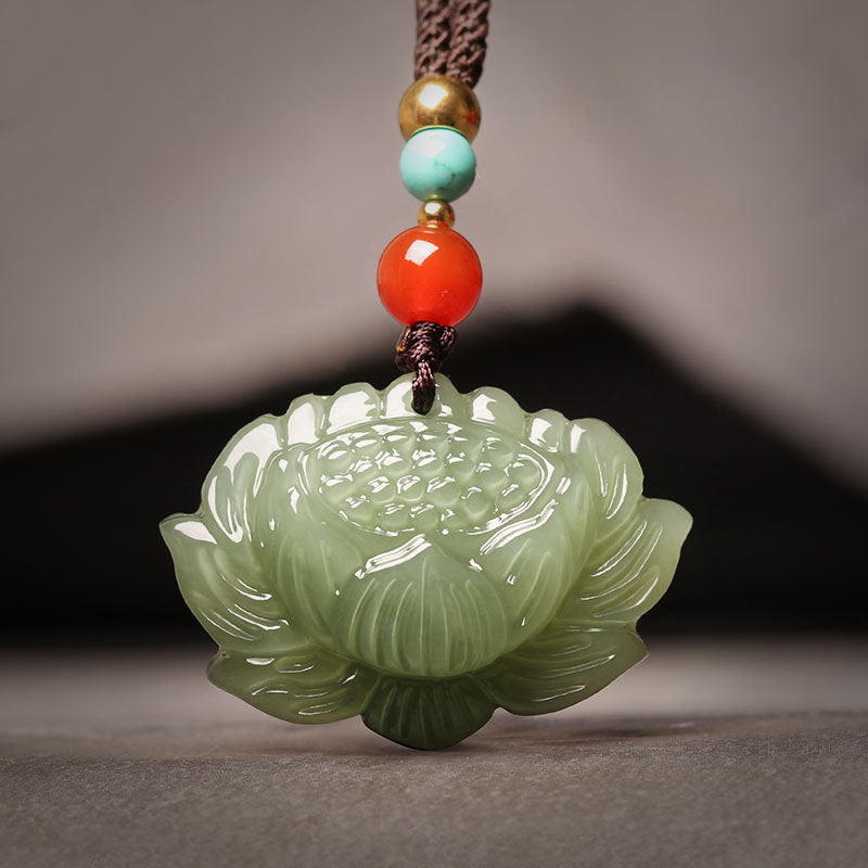 elegant hetian jade green lotus pendant necklace – unisex