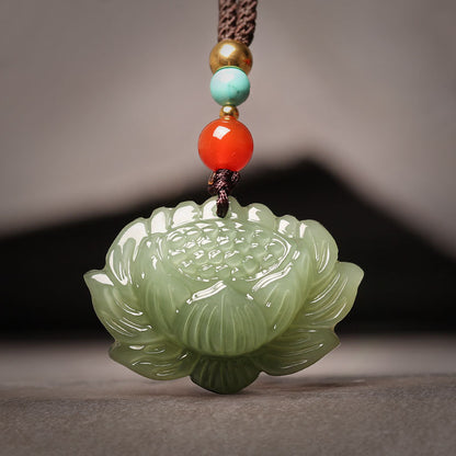 Elegant Hetian Jade Green Lotus Pendant Necklace – Unisex