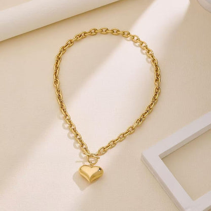 Gold Plated Chunky Chain Necklace for Women Puffy Heart Pendant Necklace Minimalist Bold Link Chain Necklace with Front OT Toggle Clasp Jewelry Gift