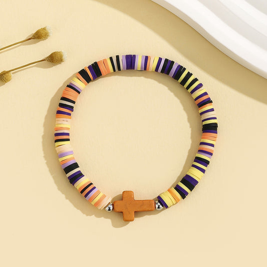 Turquoise Cross Bracelet Bohemian Colorful Polymer Clay Adjustable Stretch Bracelet - STAR8S