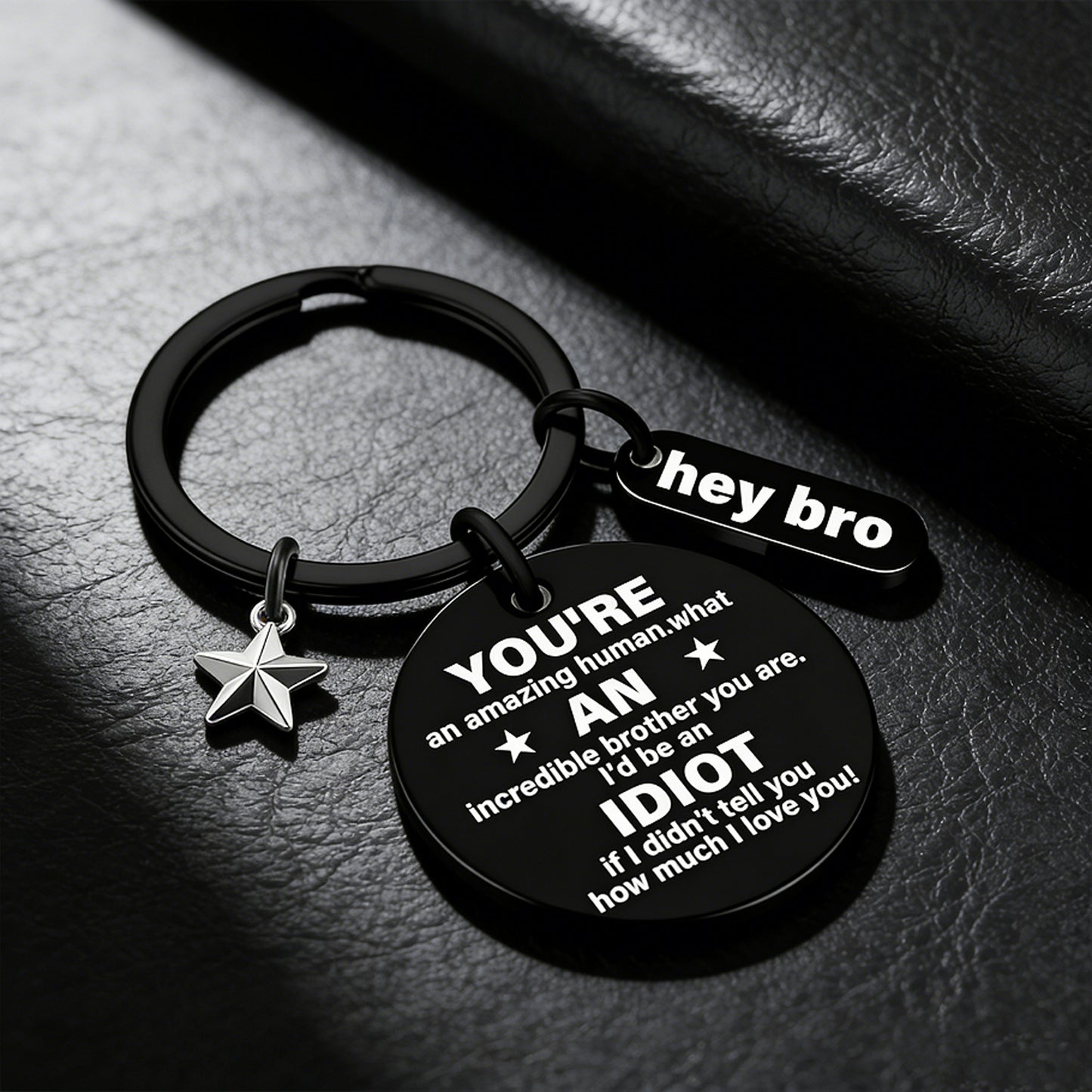 funny brother keychain gift from sister brother stainless steel black engraved round key ring charm pendant with star hey bro sign birthday graduation christmas motivational gag gift for men teens 1.17" 13.5g