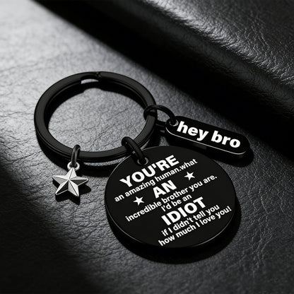 Funny Brother Keychain Gift from Sister Brother Stainless Steel Black Engraved Round Key Ring Charm Pendant with Star Hey Bro Sign Birthday Graduation Christmas Motivational Gag Gift for Men Teens 1.17" 13.5g