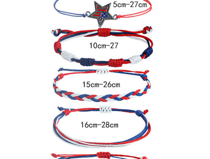 4th of July Patriotic Bracelets Set Red White and Blue Independence Day Braided Rope Bracelets Pack Memorial Day American Flag Star Charm Woven String Stackable Jewelry Gift for Women Men 5Pcs