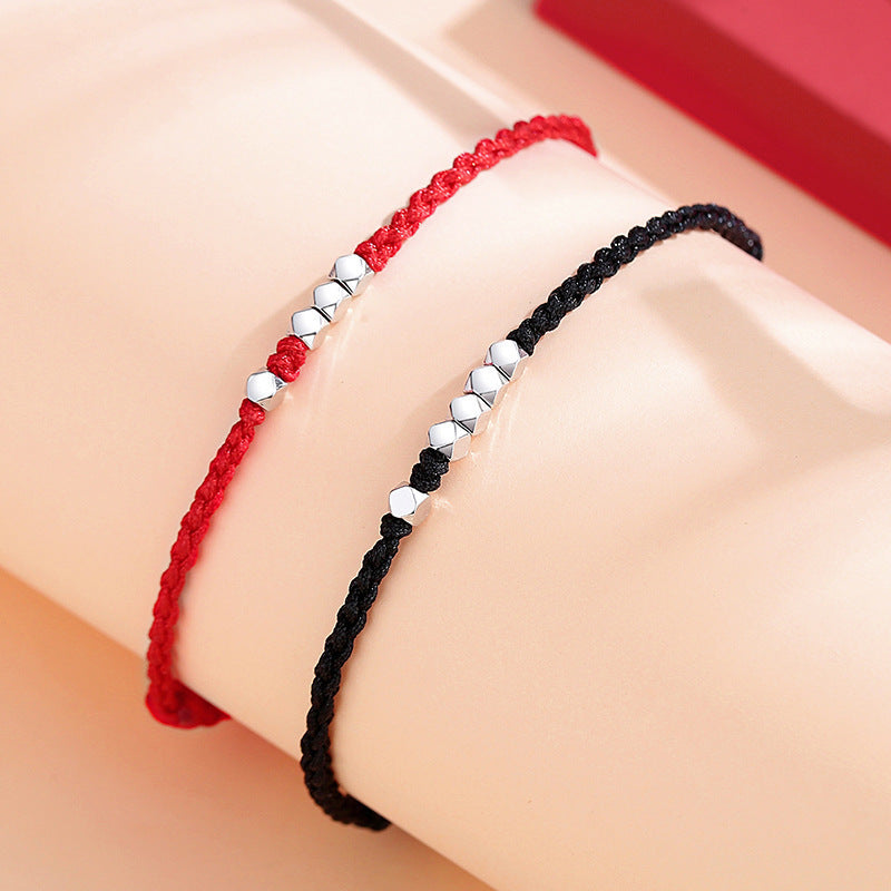 silver couples braided bracelet | handmade red string bracelet with 925 sterling silver beads