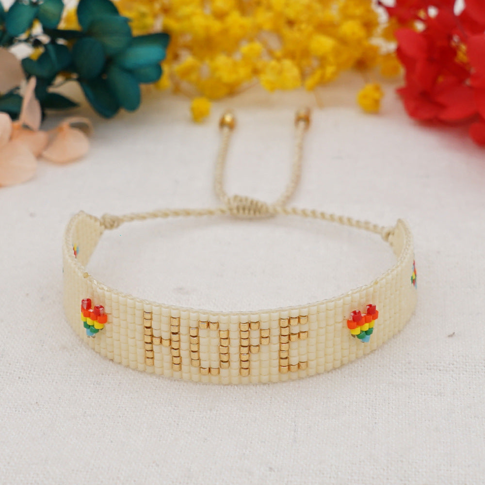 boho heart friendship bracelet – handmade woven seed bead hope rainbow letter bracelet | adjustable bohemian jewelry