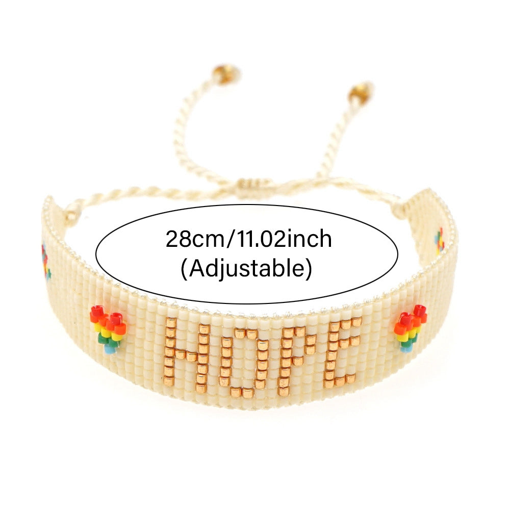 boho heart friendship bracelet – handmade woven seed bead hope rainbow letter bracelet | adjustable bohemian jewelry
