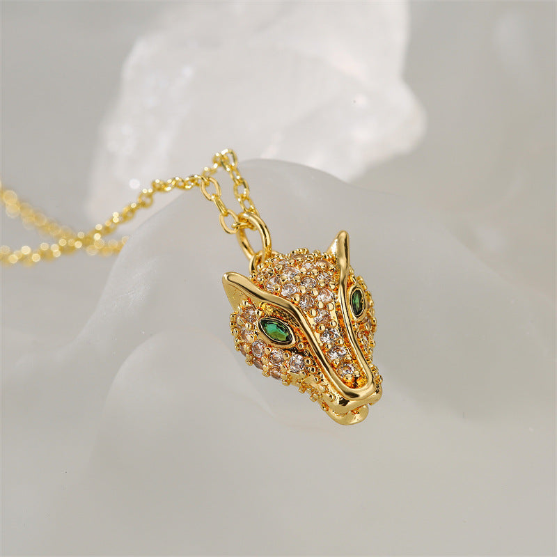 dainty sparkling cz leopard head pendant necklace for women teen girls gold tone copper cheetah clavicle collarbone chain emerald green eye animal mascot jewelry gift