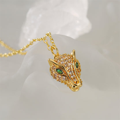Dainty Sparkling CZ Leopard Head Pendant Necklace for Women Teen Girls Gold Tone Copper Cheetah Clavicle Collarbone Chain Emerald Green Eye Animal Mascot Jewelry Gift