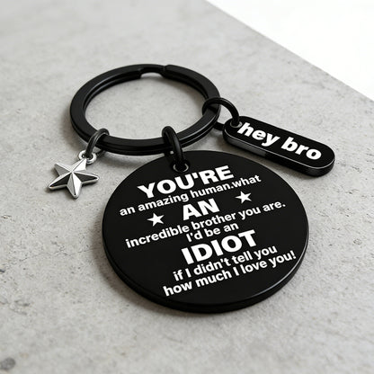 Funny Brother Keychain Gift from Sister Brother Stainless Steel Black Engraved Round Key Ring Charm Pendant with Star Hey Bro Sign Birthday Graduation Christmas Motivational Gag Gift for Men Teens 1.17" 13.5g