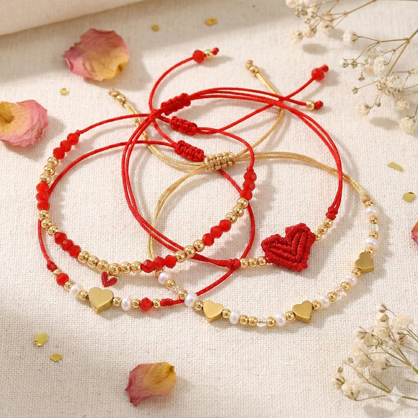 boho chic 4-piece red string & gold-tone heart bracelet stack | lightweight adjustable braided cord beaded charm bracelets set perfect for daily wear & gifting