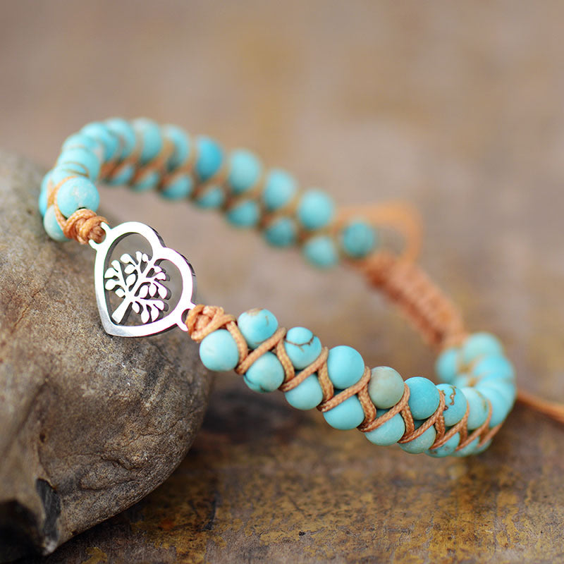 turquoise boho braided bracelet with heart tree and hand charm – handmade women's jewelry - star8s