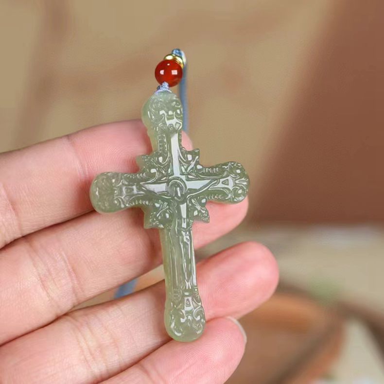 natural hetian jade cross necklace - men & women, green jade pendant gift
