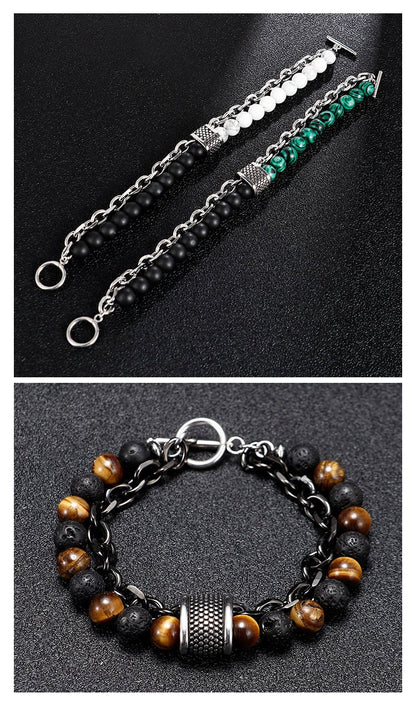 Punk Style Matte Tiger Eye Stone Bracelet for Men - Unique Natural Stone Beaded Chain Bracelet - STAR8S