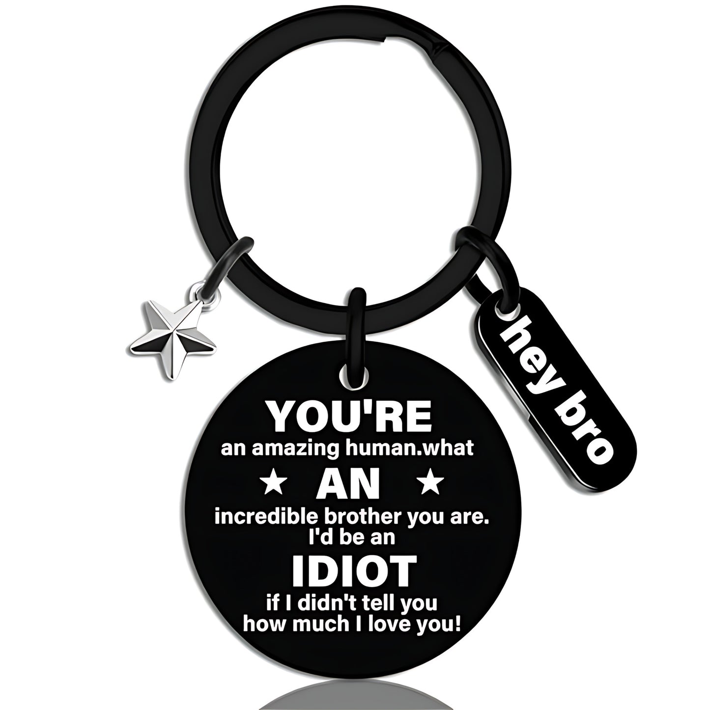 funny brother keychain gift from sister brother stainless steel black engraved round key ring charm pendant with star hey bro sign birthday graduation christmas motivational gag gift for men teens 1.17" 13.5g