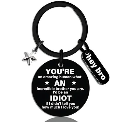 Funny Brother Keychain Gift from Sister Brother Stainless Steel Black Engraved Round Key Ring Charm Pendant with Star Hey Bro Sign Birthday Graduation Christmas Motivational Gag Gift for Men Teens 1.17" 13.5g