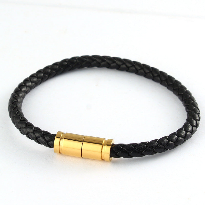 braided leather bracelet with strong magnetic clasp, 5mm stainless steel gold-tone closure wristband, unisex jewelry gift for men & women everyday wear