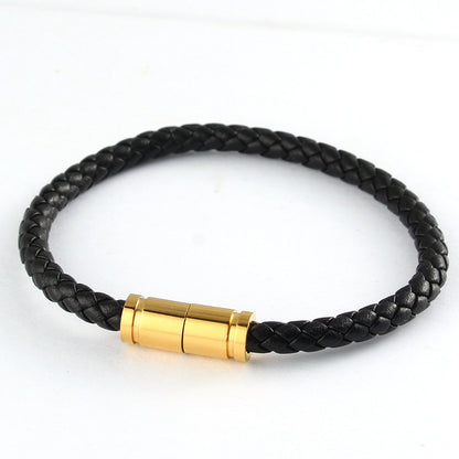 Braided Leather Bracelet with Strong Magnetic Clasp, 5mm Stainless Steel Gold-Tone Closure Wristband, Unisex Jewelry Gift for Men & Women Everyday Wear