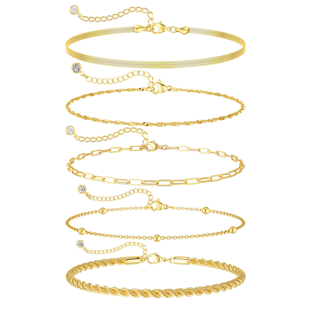 5-piece bracelet set for women, electroplated brass chain bracelets with herringbone, rope, twisted, paperclip and bead station designs, adjustable lobster clasps, 6.7 inch length with 1.5 inch extenders, layering jewelry for everyday wear and gift g