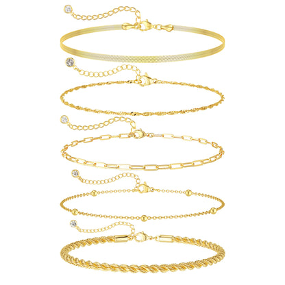 5-Piece Bracelet Set for Women, Electroplated Brass Chain Bracelets with Herringbone, Rope, Twisted, Paperclip and Bead Station Designs, Adjustable Lobster Clasps, 6.7 Inch Length with 1.5 Inch Extenders, Layering Jewelry for Everyday Wear and Gift G