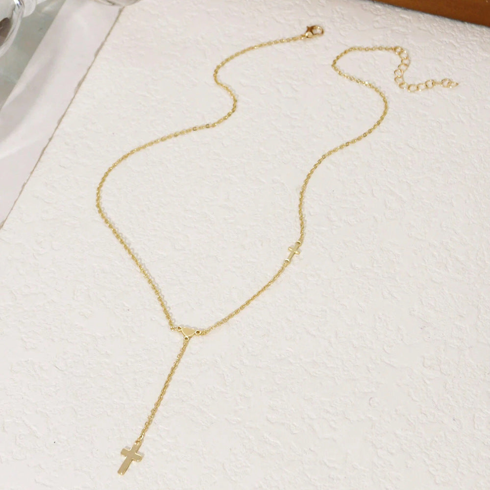 gold-tone lariat necklace for women stainless steel open heart loop y necklace sleek vertical drop cross pendant dainty choker adjustable layering clavicle chain christian faith religious amulet trendy ins costume jewelry gift 19.29"