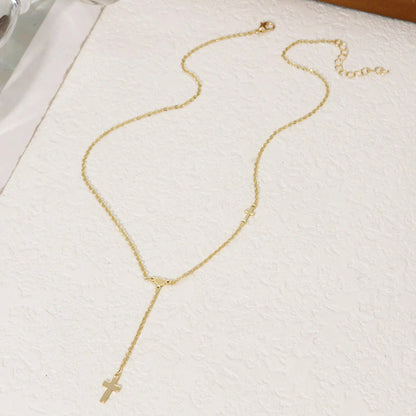 Gold-tone Lariat Necklace for Women Stainless Steel Open Heart Loop Y Necklace Sleek Vertical Drop Cross Pendant Dainty Choker Adjustable Layering Clavicle Chain Christian Faith Religious Amulet Trendy Ins Costume Jewelry Gift 19.29"