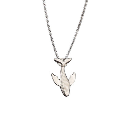 Titanium Steel Whale Fall Pendant Necklace for Men Unisex Vintage Silver Humpback Whale Tail Charm Long Box Chain Sweater Necklace Hip Hop Streetwear Minimalist Ocean Jewelry Aesthetic Gift 27.5 Inches