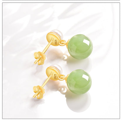S925 Silver Inlaid Natural Hetian Jade Green Ball Earrings – Minimalist Women’s Jewelry