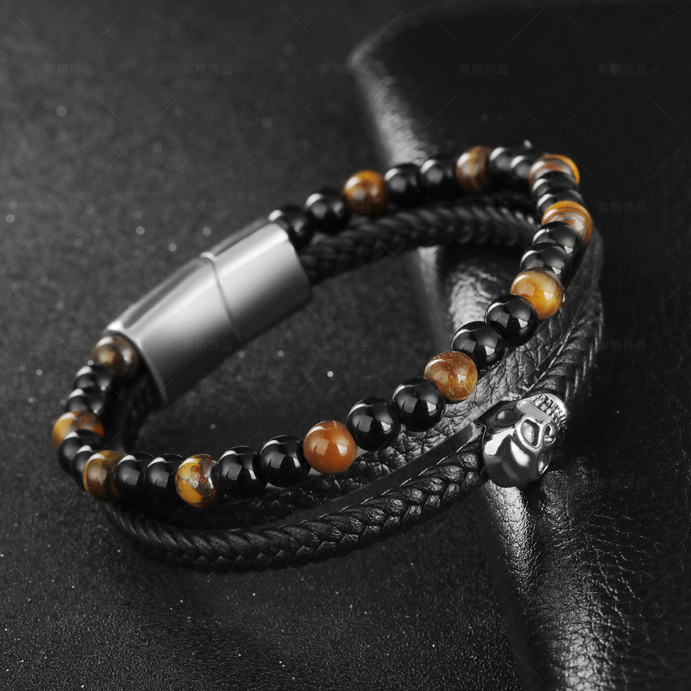 men’s stainless steel bracelet – leather & tiger’s eye beads with skull charm - star8s