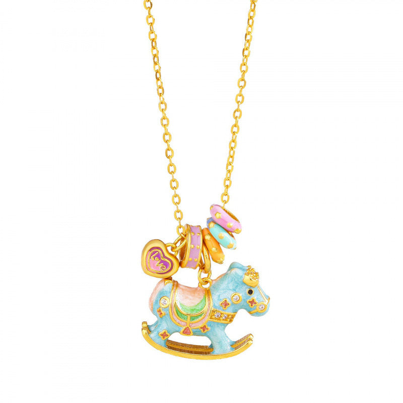 Chinese Zodiac Horse Silver Necklace – S925 Enamel Macaron Color Rocking Horse Pendant - STAR8S