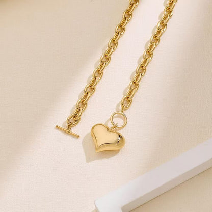 Gold Plated Chunky Chain Necklace for Women Puffy Heart Pendant Necklace Minimalist Bold Link Chain Necklace with Front OT Toggle Clasp Jewelry Gift