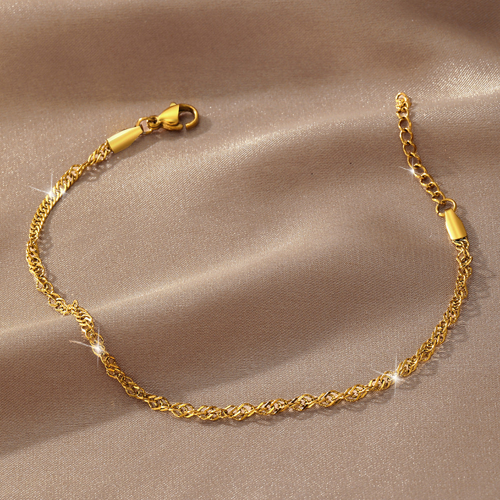 gold plated chain bracelet for women stainless steel singapore water wave link bracelet twisted ripple layering minimalist dainty wristband adjustable extension extender chain light luxury elegant fine jewelry gift for her
