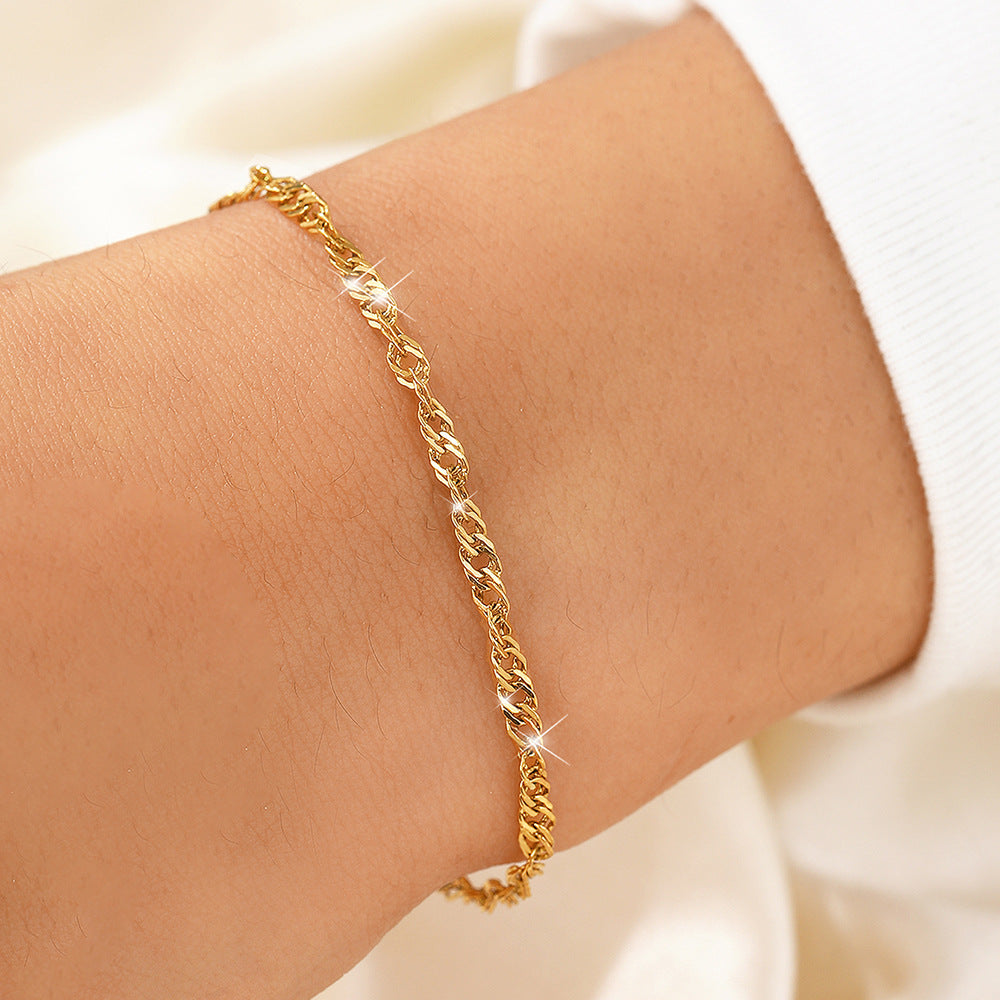 gold plated chain bracelet for women stainless steel singapore water wave link bracelet twisted ripple layering minimalist dainty wristband adjustable extension extender chain light luxury elegant fine jewelry gift for her