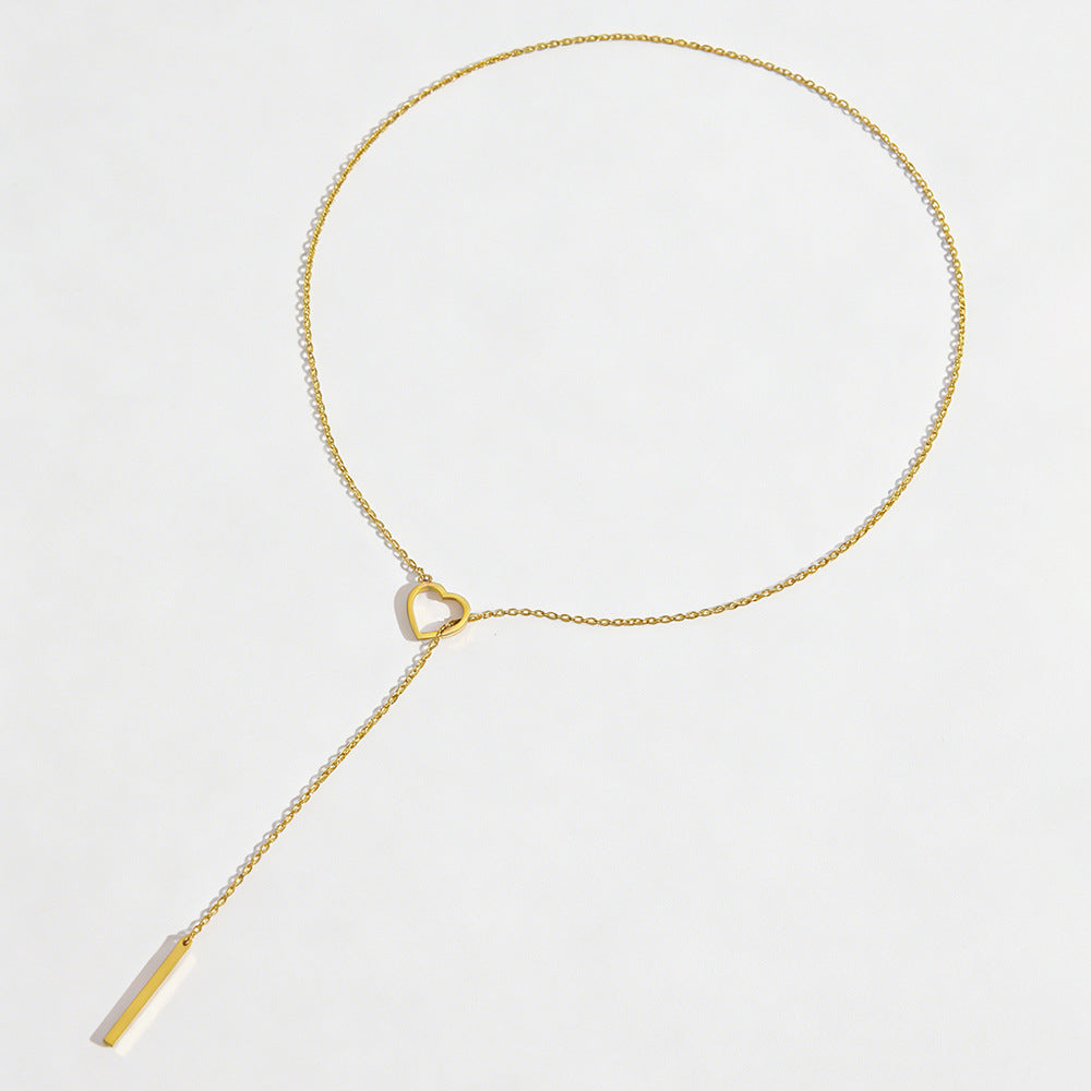 gold-tone lariat necklace for women stainless steel open heart loop y necklace sleek vertical drop bar pendant dainty choker adjustable layering clavicle chain minimalist ins trendy costume jewelry gift for girlfriend 23.6 inches