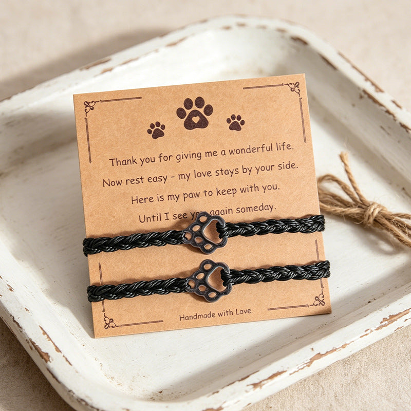 2pcs handmade pet memorial bracelet set for women men stainless steel paw print charm braided rope cord adjustable keepsake friendship bracelet sympathy loss gift with card
