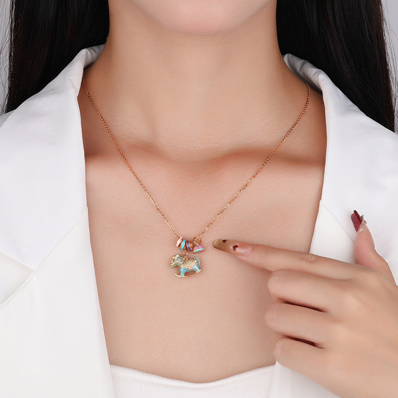 chinese zodiac horse silver necklace – s925 enamel macaron color rocking horse pendant - star8s