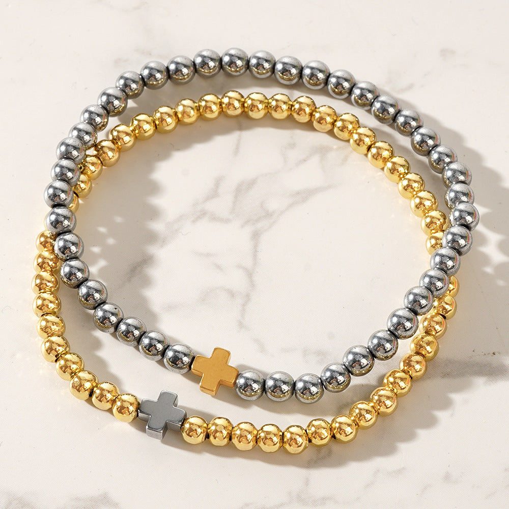hematite cross bead bracelet – handmade stylish couple jewelry – gold & silver accent – adjustable, elegant fashion accessory