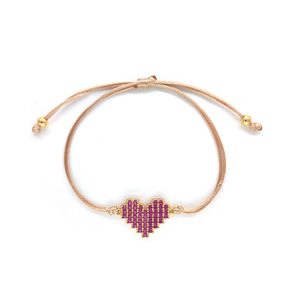 French Style Adjustable String Bracelet for Women Delicate Micro Pavé Cubic Zirconia Pink Heart Charm Bracelet Minimalist Braided Rope Cord Daily Dainty Love Jewelry Valentine Gift