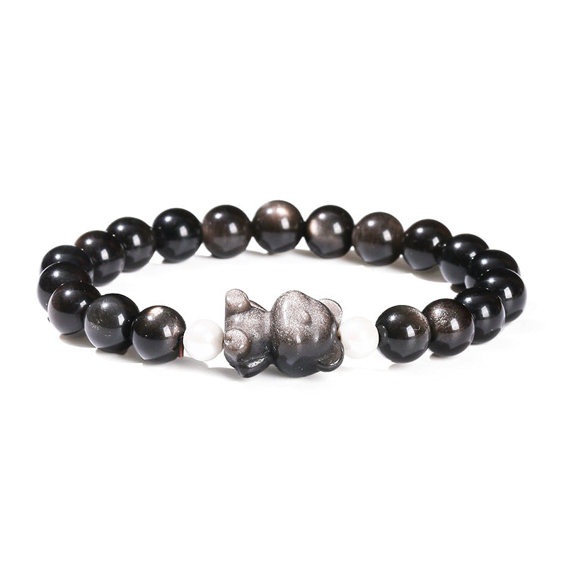 silver obsidian bear bracelet – minimalist black gemstone beaded bracelet for men & women - star8s