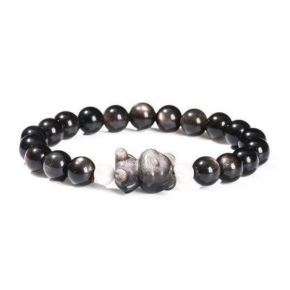 Silver Obsidian Bear Bracelet – Minimalist Black Gemstone Beaded Bracelet for Men & Women - STAR8S
