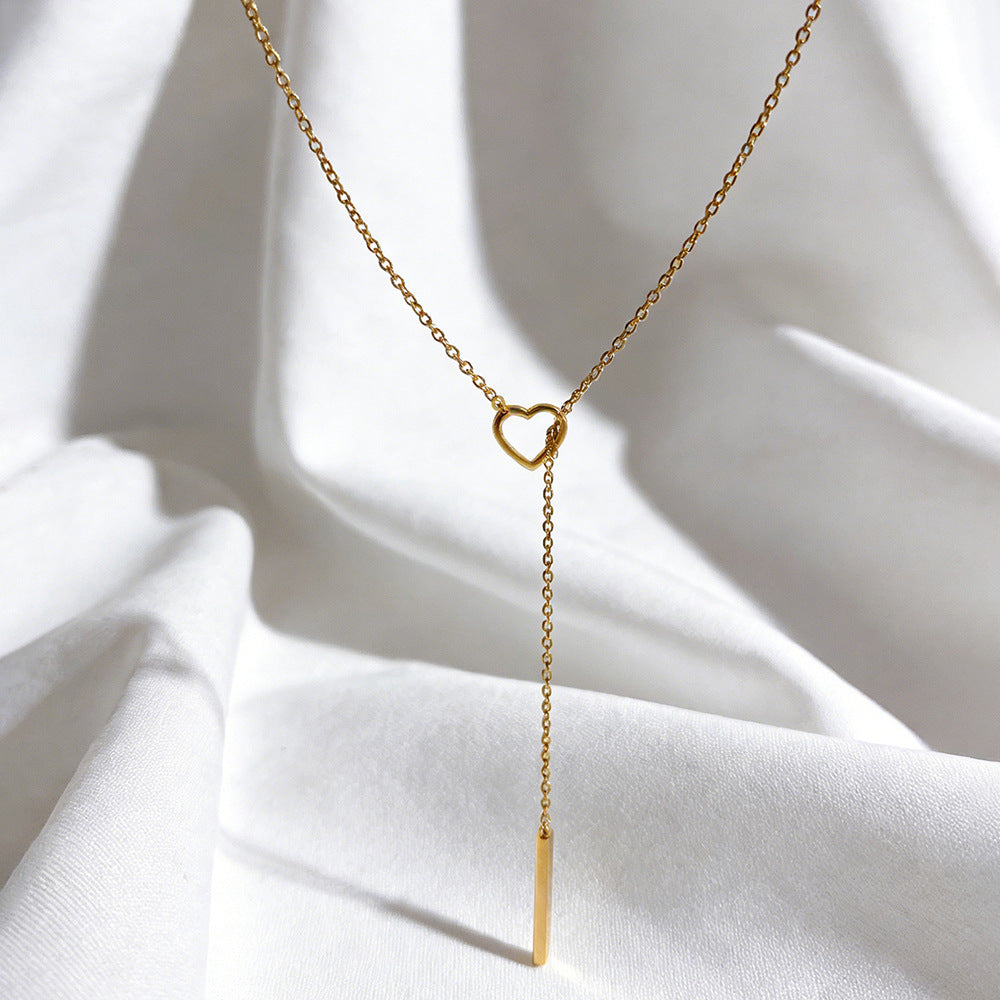 gold-tone lariat necklace for women stainless steel open heart loop y necklace sleek vertical drop bar pendant dainty choker adjustable layering clavicle chain minimalist ins trendy costume jewelry gift for girlfriend 23.6 inches