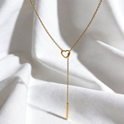 Gold-tone Lariat Necklace for Women Stainless Steel Open Heart Loop Y Necklace Sleek Vertical Drop Bar Pendant Dainty Choker Adjustable Layering Clavicle Chain Minimalist Ins Trendy Costume Jewelry Gift for Girlfriend 23.6 Inches