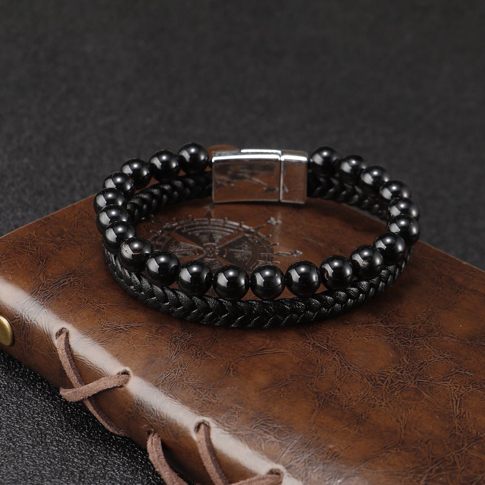Men’s Beaded Stone Bracelet - Tiger Eye Beads with Genuine Leather Cord - Natural Stone and Agate Bracelet - STAR8S