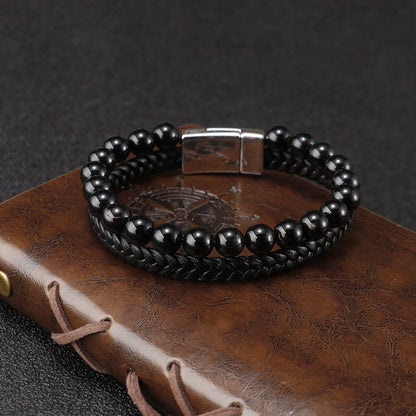 Men’s Beaded Stone Bracelet - Tiger Eye Beads with Genuine Leather Cord - Natural Stone and Agate Bracelet - STAR8S