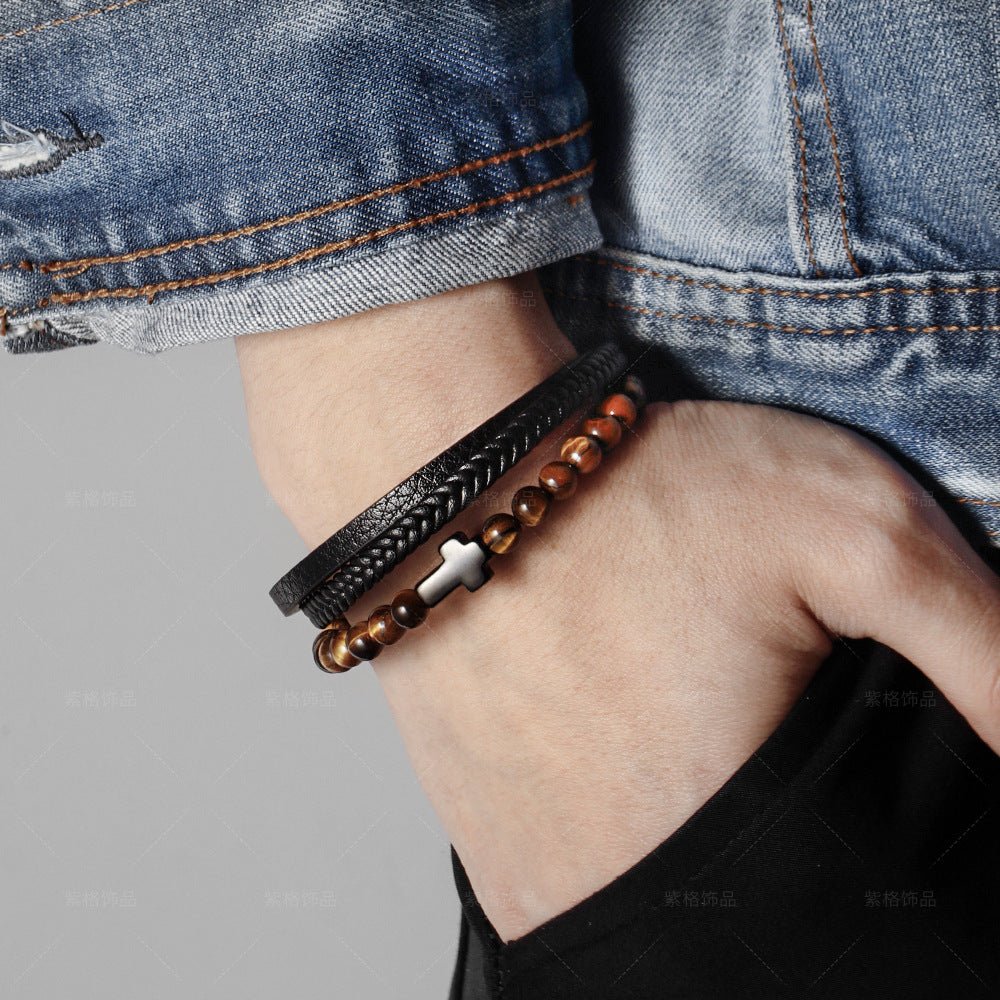 stainless steel cross bracelet for men - natural tiger eye agate stone multi-layer woven leather bracelet - star8s
