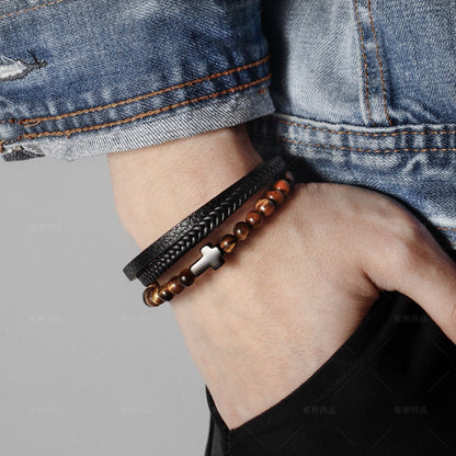 Stainless Steel Cross Bracelet for Men - Natural Tiger Eye Agate Stone Multi-Layer Woven Leather Bracelet - STAR8S