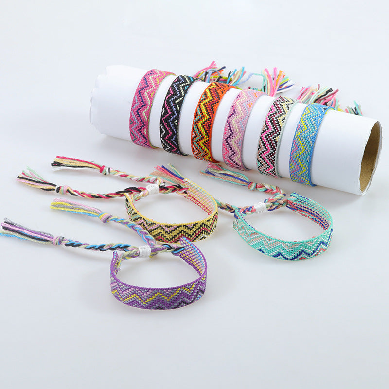 boho woven friendship bracelet – wide colorful tassel wristband, adjustable bohemian bracelet