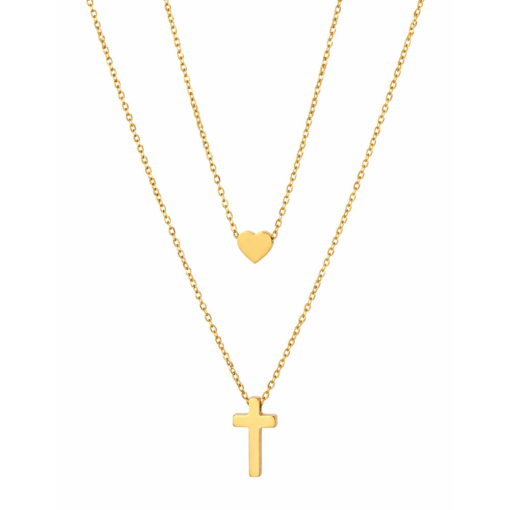 layered cross necklace for women stainless steel gold plated dainty open heart charm pendant double strand chain choker minimalist christian faith religious amulet trendy jewelry gift for her girlfriend