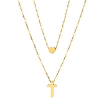 Layered Cross Necklace for Women Stainless Steel Gold Plated Dainty Open Heart Charm Pendant Double Strand Chain Choker Minimalist Christian Faith Religious Amulet Trendy Jewelry Gift for Her Girlfriend