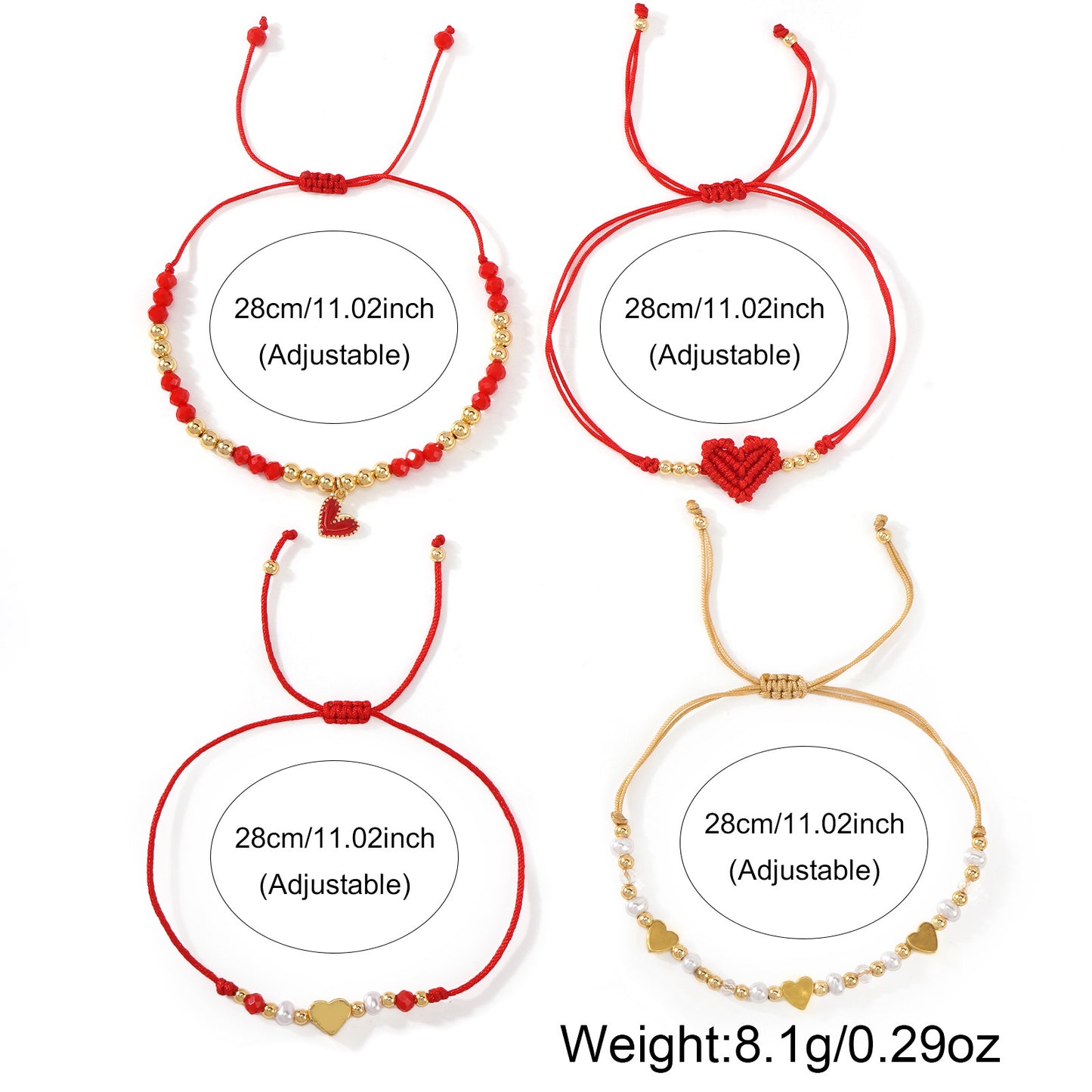 boho chic 4-piece red string & gold-tone heart bracelet stack | lightweight adjustable braided cord beaded charm bracelets set perfect for daily wear & gifting